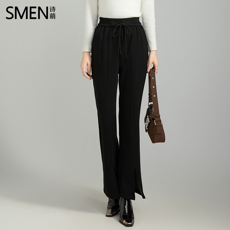 SMEN诗萌直筒阔腿裤女2025春秋季松紧腰休闲裤高腰系带开叉裤子