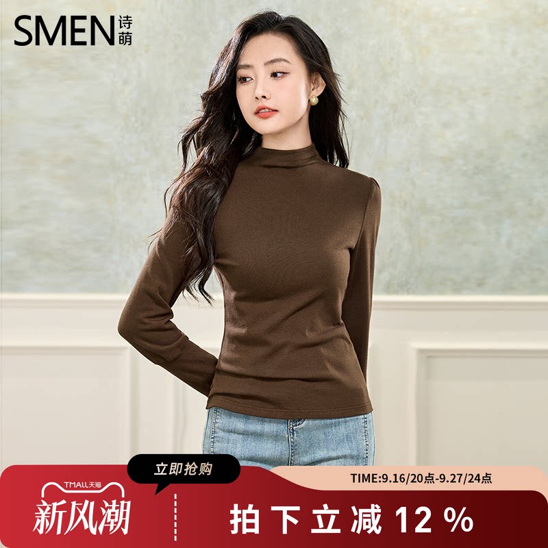 SMEN诗萌秋季半高领灯笼袖针织衫