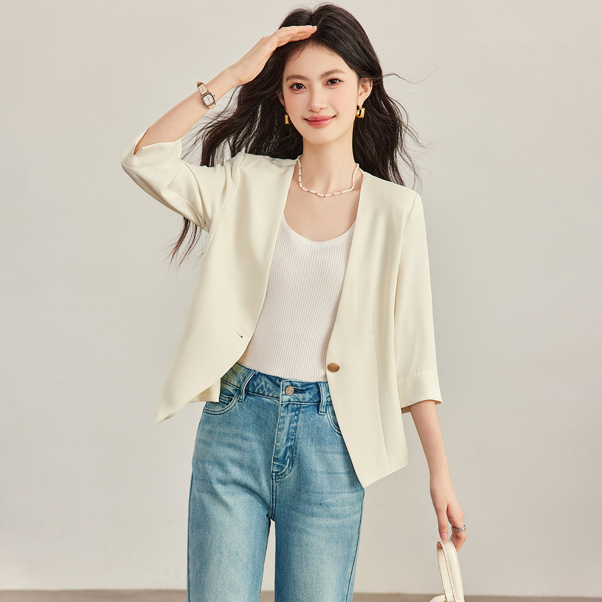 诗萌轻熟风无领修身西装外套女