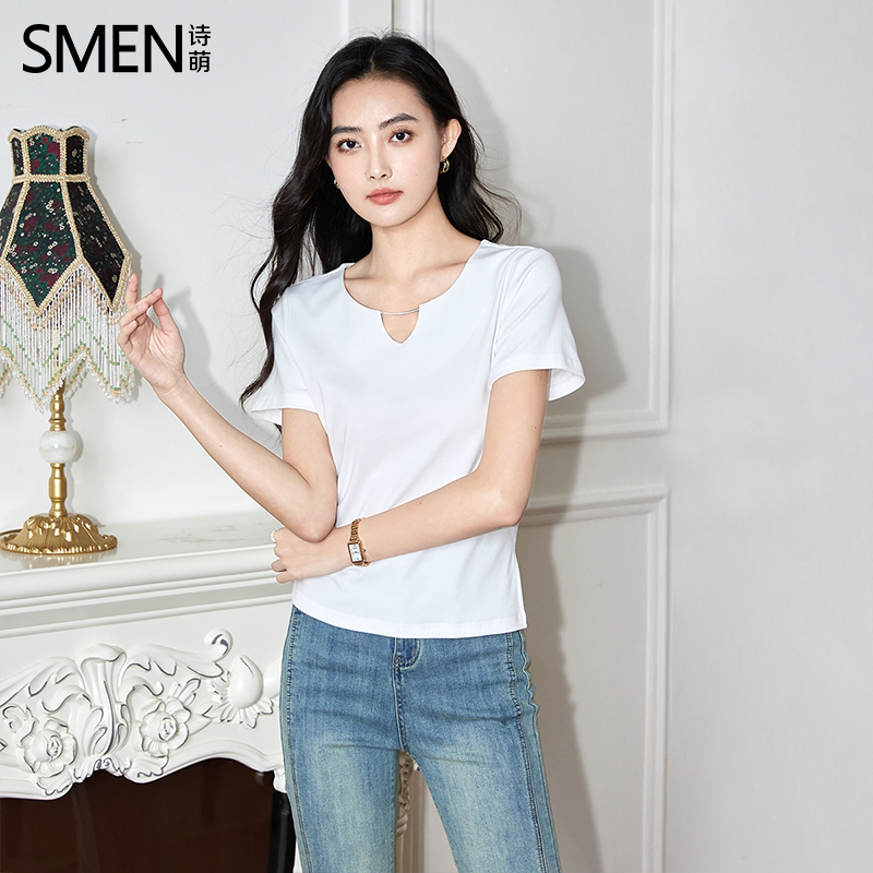 SMEN诗萌短袖抽褶显瘦白色女T恤