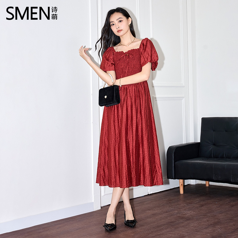 SMEN诗萌法式方领收腰中长连衣裙