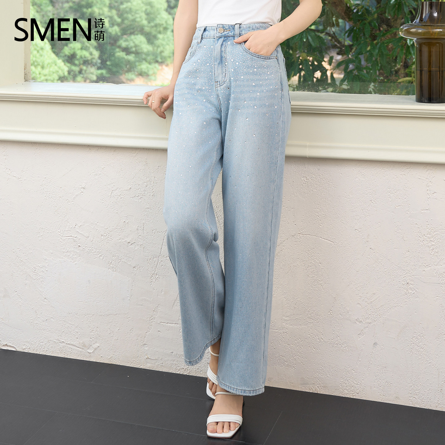 SMEN诗萌2026夏季重工烫钻牛仔裤高腰直筒阔腿裤浅蓝色休闲裤女士