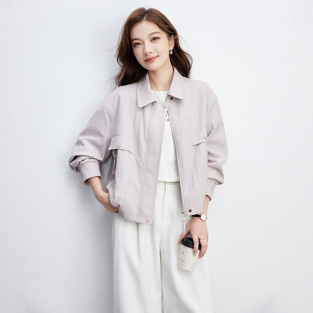 SMEN诗萌工装风翻领短外套女2026春秋休闲宽松小个子皮质夹克上衣