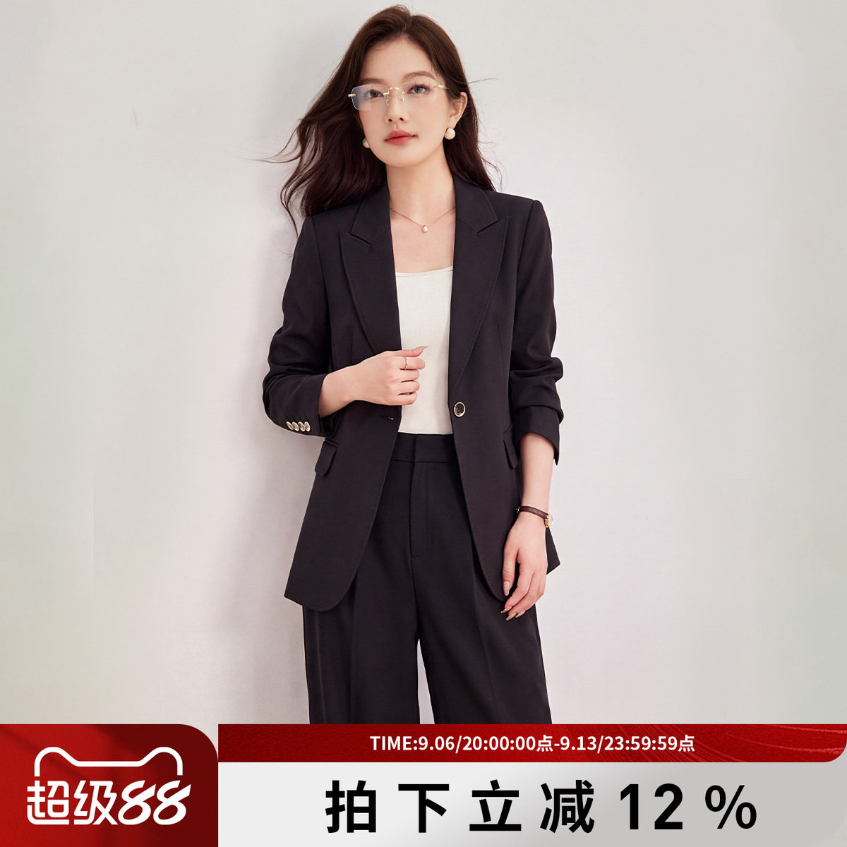 诗萌黑色长袖职场通勤西装套装女