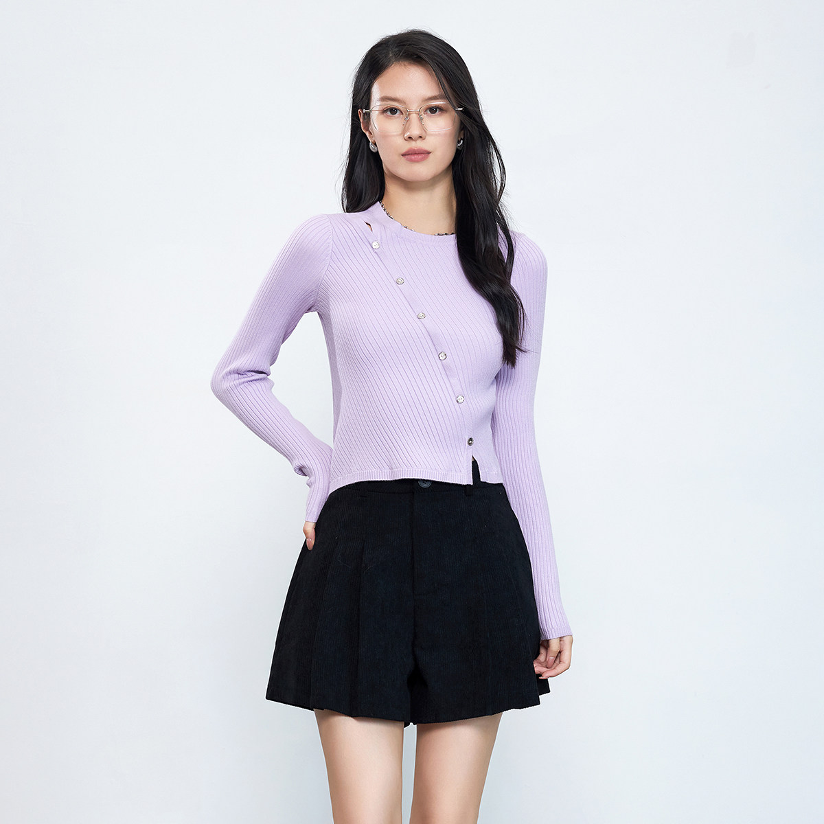SMEN诗萌紫色斜开襟坑条针织衫女2026春秋长袖修身百搭设计感毛衣