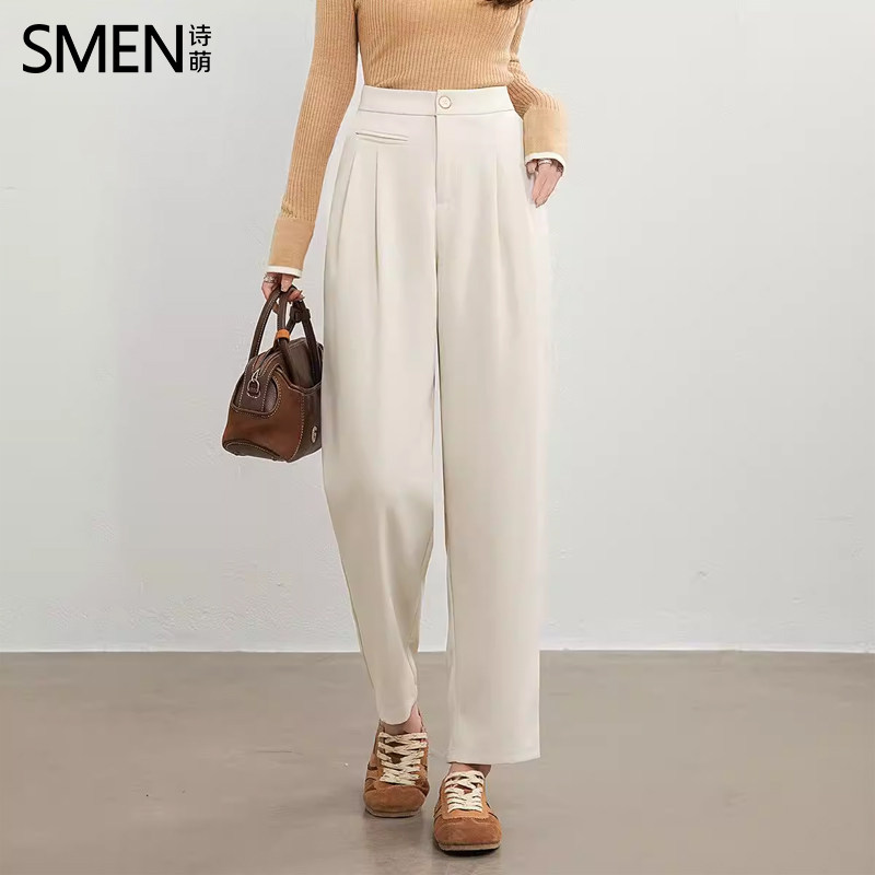 SMEN诗萌简约通勤风高腰直筒裤女裤2026春垂感显瘦百搭白色西装裤