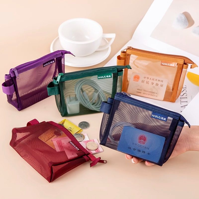 复古色三角立体透明尼龙网纱拉链包迷你零钱袋卡片袋银行卡收纳袋