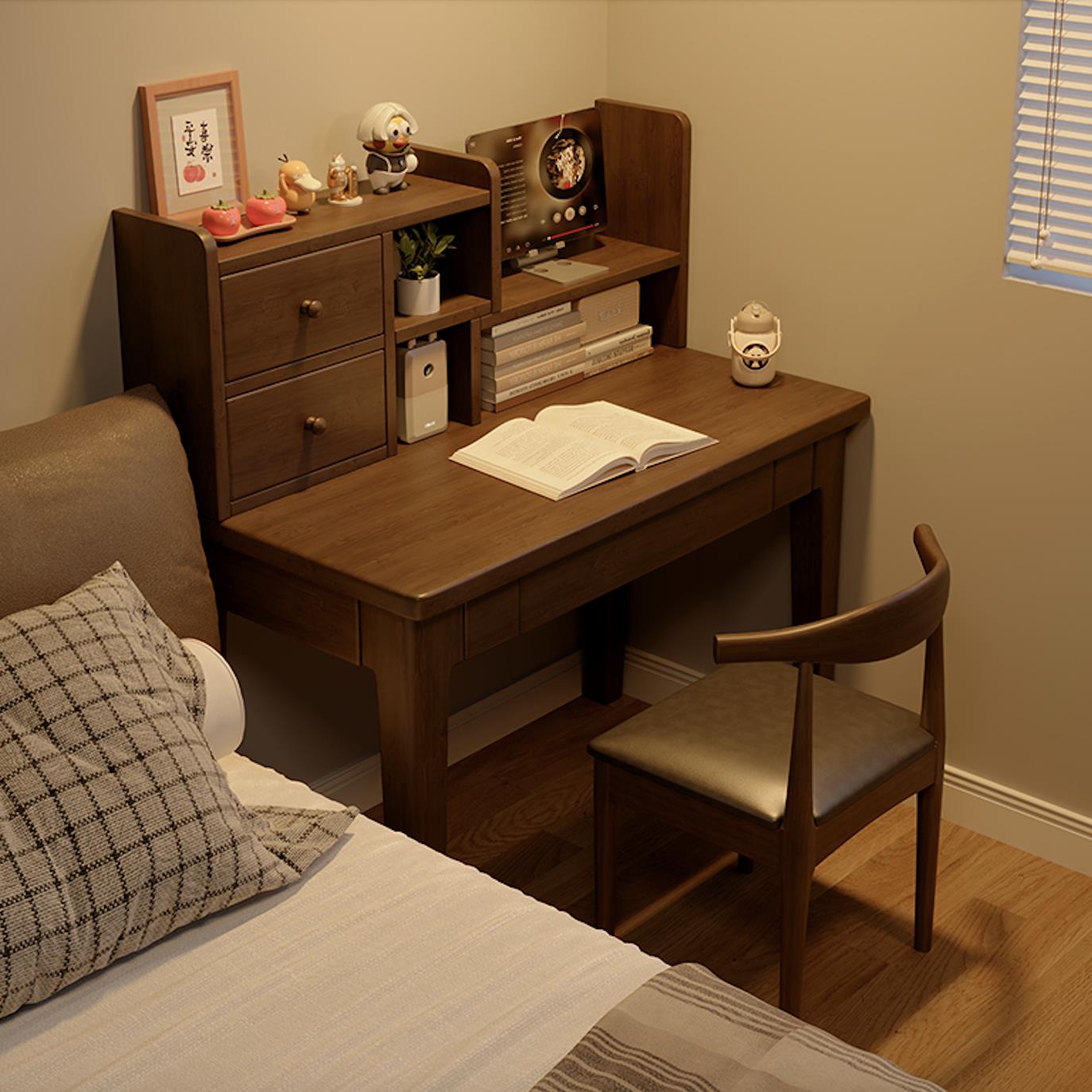 床边桌实木窄书桌书架一体卧室家用桌子小户型学习桌床头靠墙窄桌