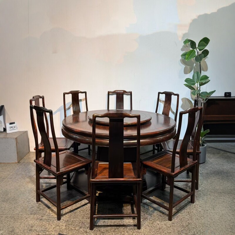 红木家具大红酸枝深雕孔雀圆餐桌11件套客厅实木饭桌圆餐桌带转盘