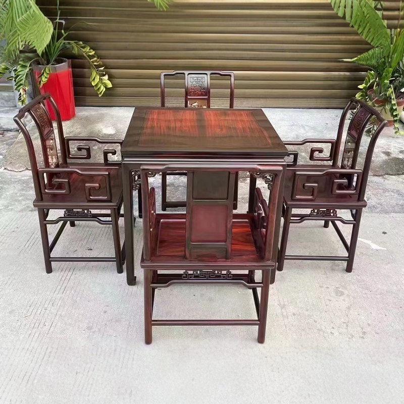 老挝大红酸枝餐桌交趾黄檀正方 餐桌椅子组合5件套黑飘红红木组合