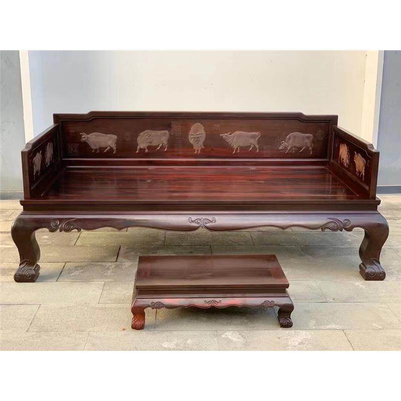 榫卯酸枝黄檀五牛古典罗汉床中式龙床交趾三件套床榻大红红木家具