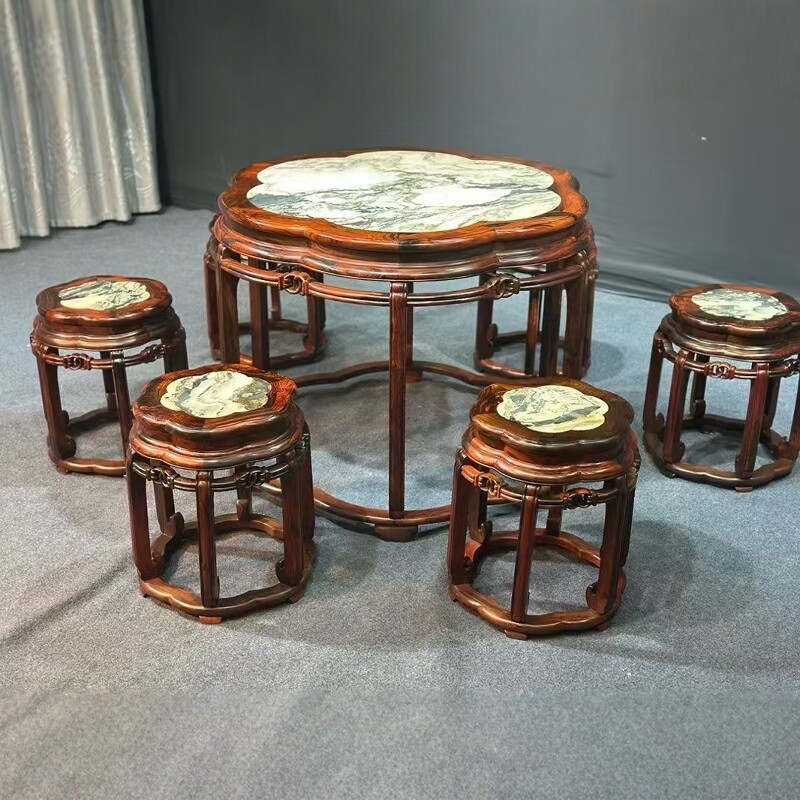 大红酸枝休闲桌椅七件套家用镶嵌云石餐椅实木茶桌八仙桌榫卯结构