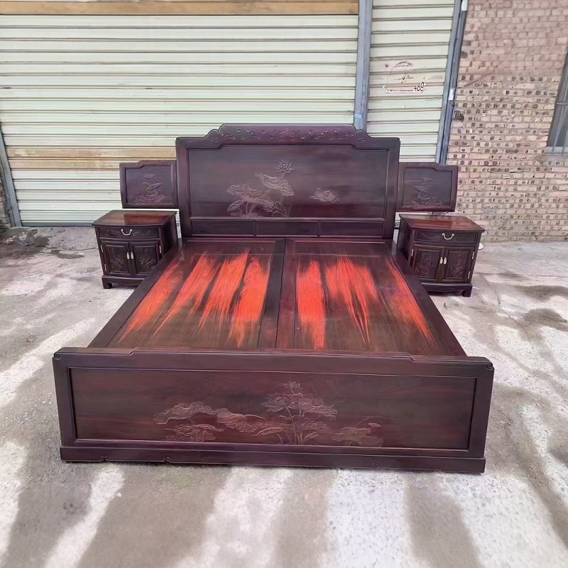红木家具老挝大红酸枝双人床交趾黄檀高低床新中式西番莲床铺实木