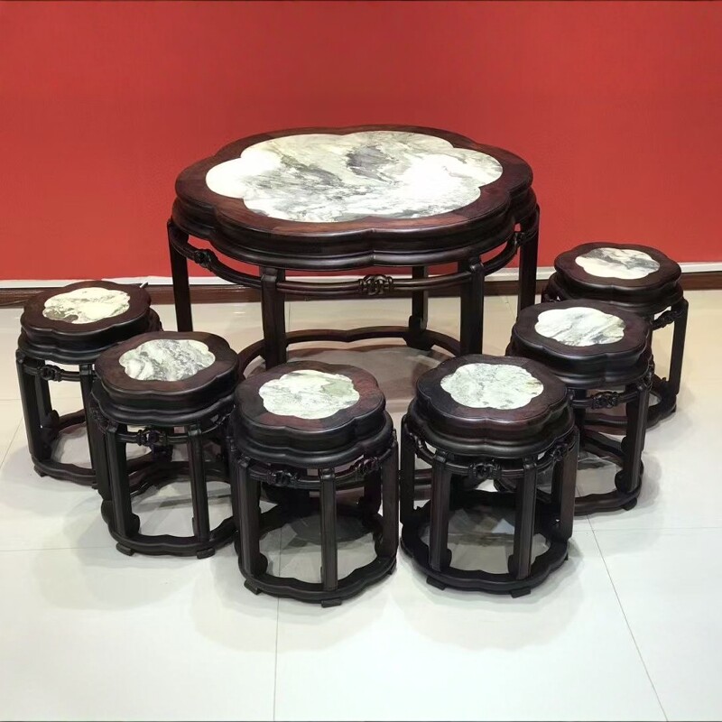 老挝大红酸枝休闲桌鼓桌交趾黄檀餐桌一桌六凳休闲桌茶桌加厚面板