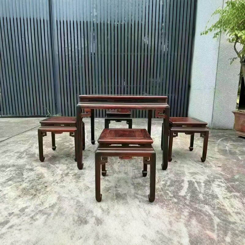 红木家具老挝大红酸枝 餐桌八仙桌交趾黄檀四方餐桌5件套经典复古