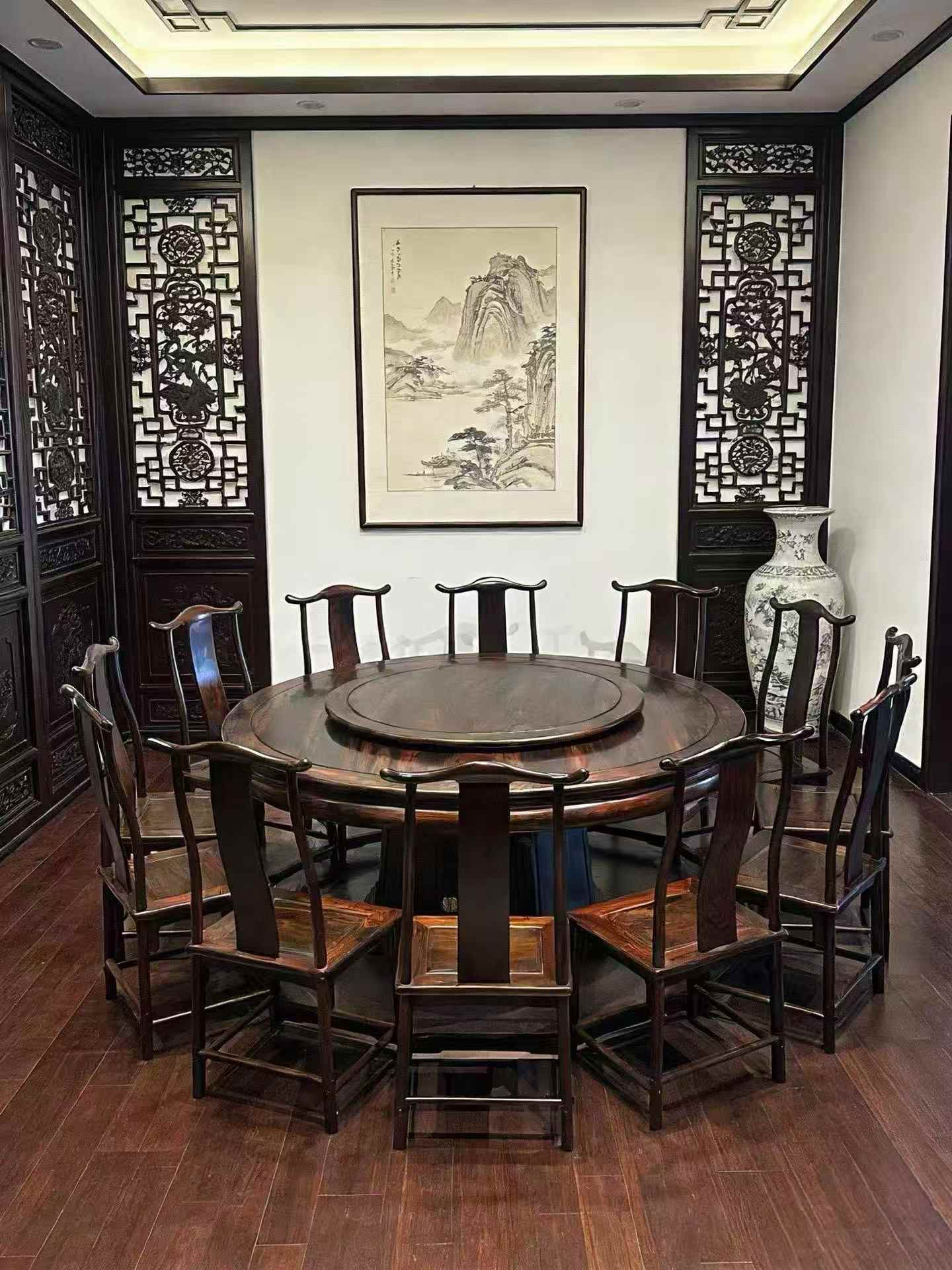 大红酸枝交趾黄檀明式圆桌仿古榫卯中式实木圆餐桌椅经济型组合