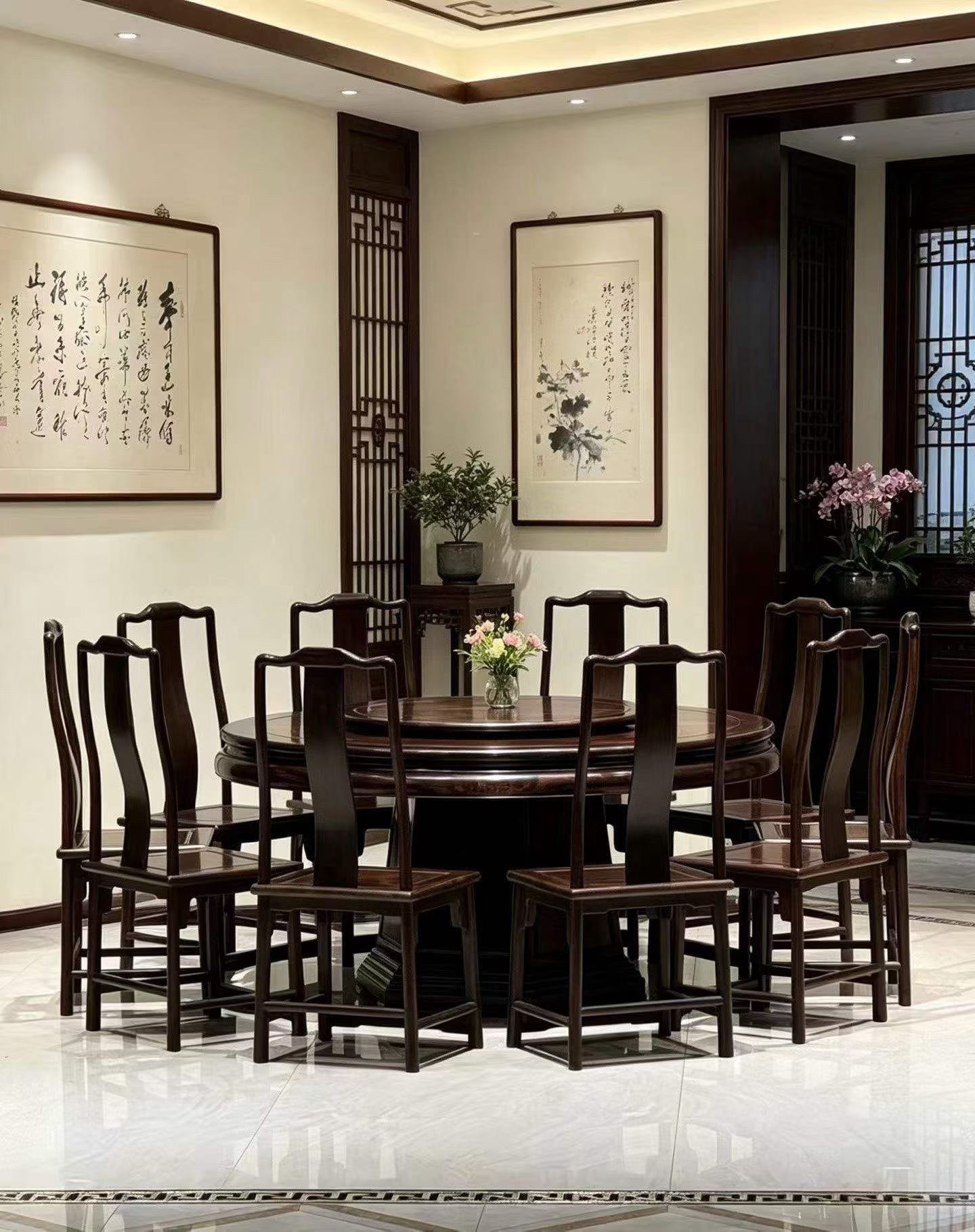 大红酸枝交趾黄檀素面圆餐桌新中式仿古古典榫卯纯实木官帽椅无补