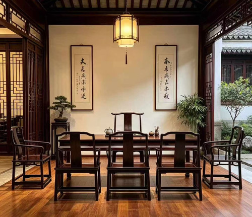 大红酸枝交趾黄檀餐桌五件套中式实木红木家具方凳棋牌桌茶桌休闲