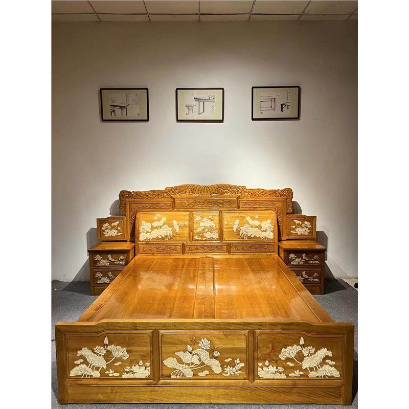 简约家具双人床小叶中式床铺主卧金丝高低实木楠木桢楠架子床婚床