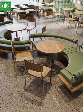 定制原木风格咖啡厅实木半圆摊位沙发奶茶小吃店洽谈休闲不锈钢桌