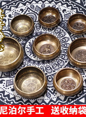 尼泊尔纯铜颂钵瑜伽冥想静心钵采耳铜磬钵盂雕刻梵音钵六字佛音碗