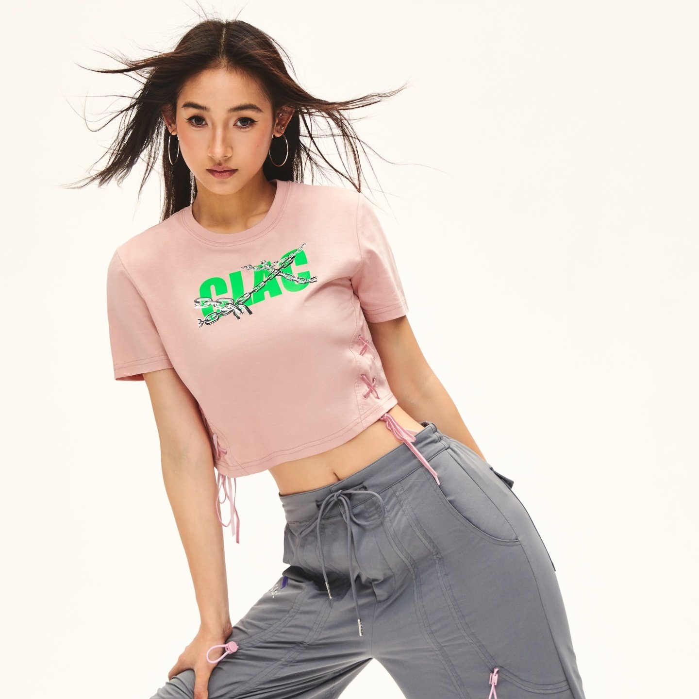 赛博朋克风个性印花弹力凉感吸湿速干高腰短袖运动T恤女侧腰系带