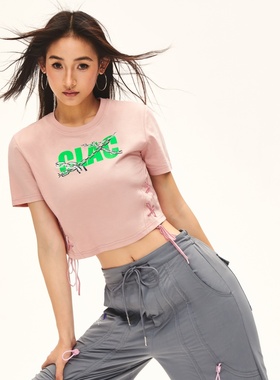 赛博朋克风个性印花弹力凉感吸湿速干高腰短袖运动T恤女侧腰系带