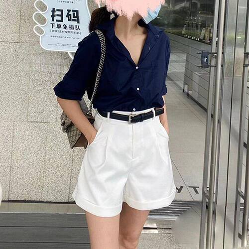 夏季高腰显瘦A字西装卷边短裤