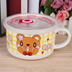 陶瓷保鲜碗带盖带手柄泡面碗冰箱微波炉饭盒学生水杯带把手早餐杯