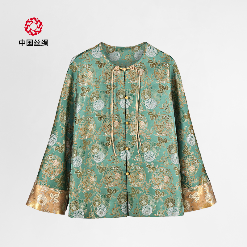 陆美英团龙八宝秋菊纹锦宋锦外套