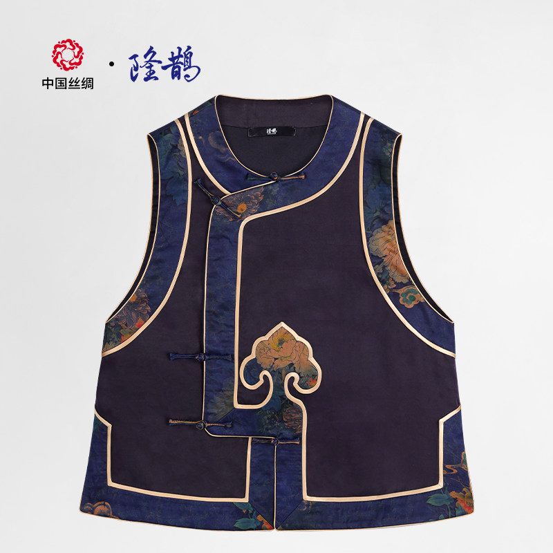 隆鹊【蓝底菊花】中国丝绸香云纱设计款重工新中式复古禅意马甲