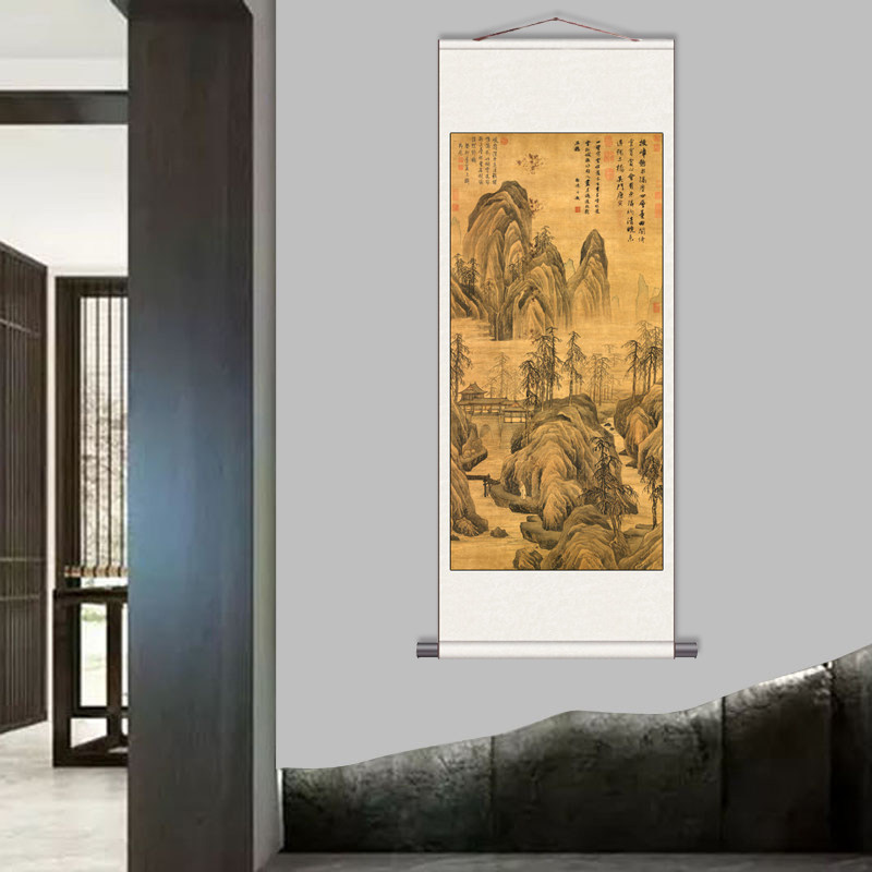 唐伯虎仕女图山水挂画字画办公室装饰画卷轴画国画丝绢喷绘唐寅