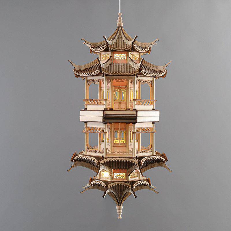 新中式古建筑八角亭模型倒影灯饰摆件书房玄关售楼处酒店装饰吊灯