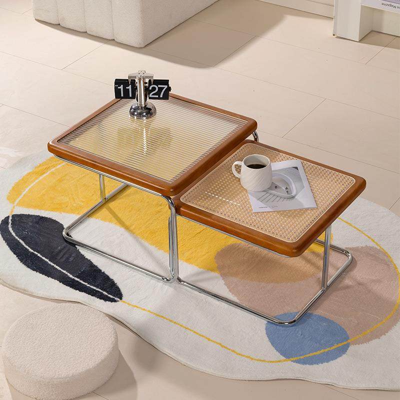 复古原木家用藤编茶几法式简约现代小户型边几客厅方形玻璃黑色桌