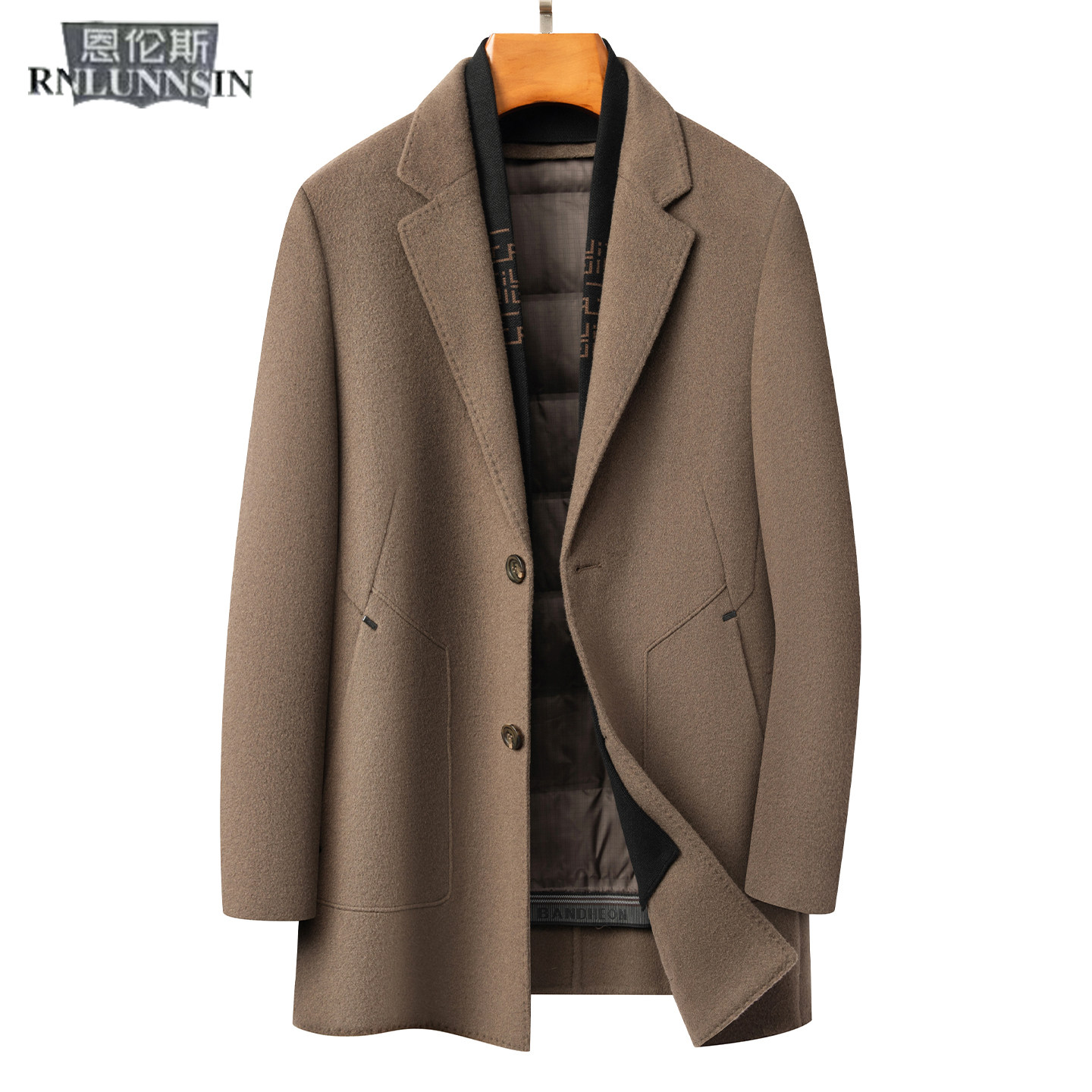 羊毛呢大衣男士西装式围巾款羽绒内胆加厚冬季新款高端外套双面绒