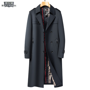 风衣男2025春秋新款高端商务休闲长款蓝色单排扣肩章宽松翻领外套