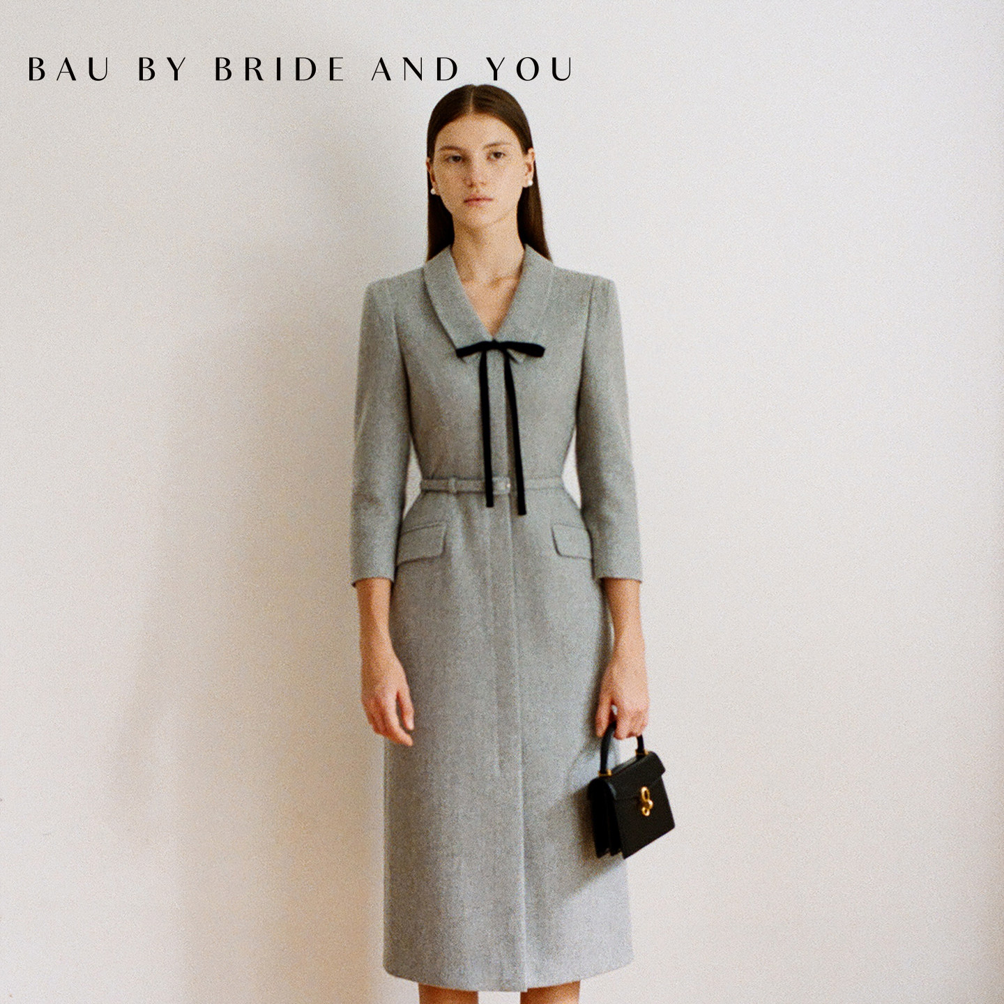BAUbyBrideAndYou2026秋冬新品丝绒蝴蝶结收腰中长连衣裙