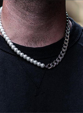 拼接不锈钢古巴链条珍珠链条项链男 不褪色钛钢男士珍珠项链潮酷