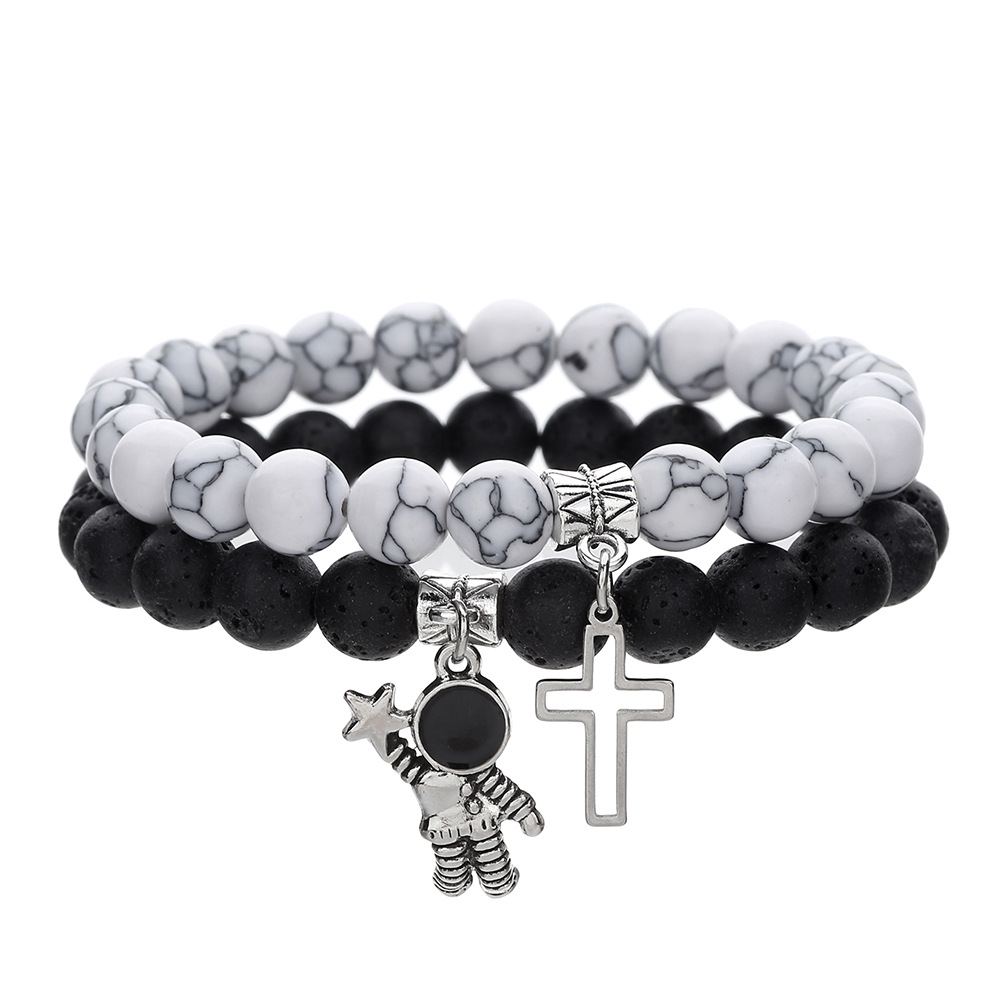 8mm白松火山石头情侣手链套装 热销十字架宇航员吊坠弹力手链