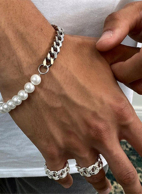 钛钢古巴链条珍珠手链 冷淡风时尚ins小众嘻哈简约情侣手链潮酷