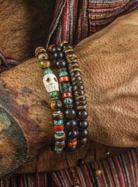 亚马逊热销手工串珠骷髅头手链男士复古风松石木珠椰壳手串女