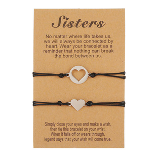 钛钢爱心sisters卡片手链2件套 可调节不锈钢心形好朋友手链手串