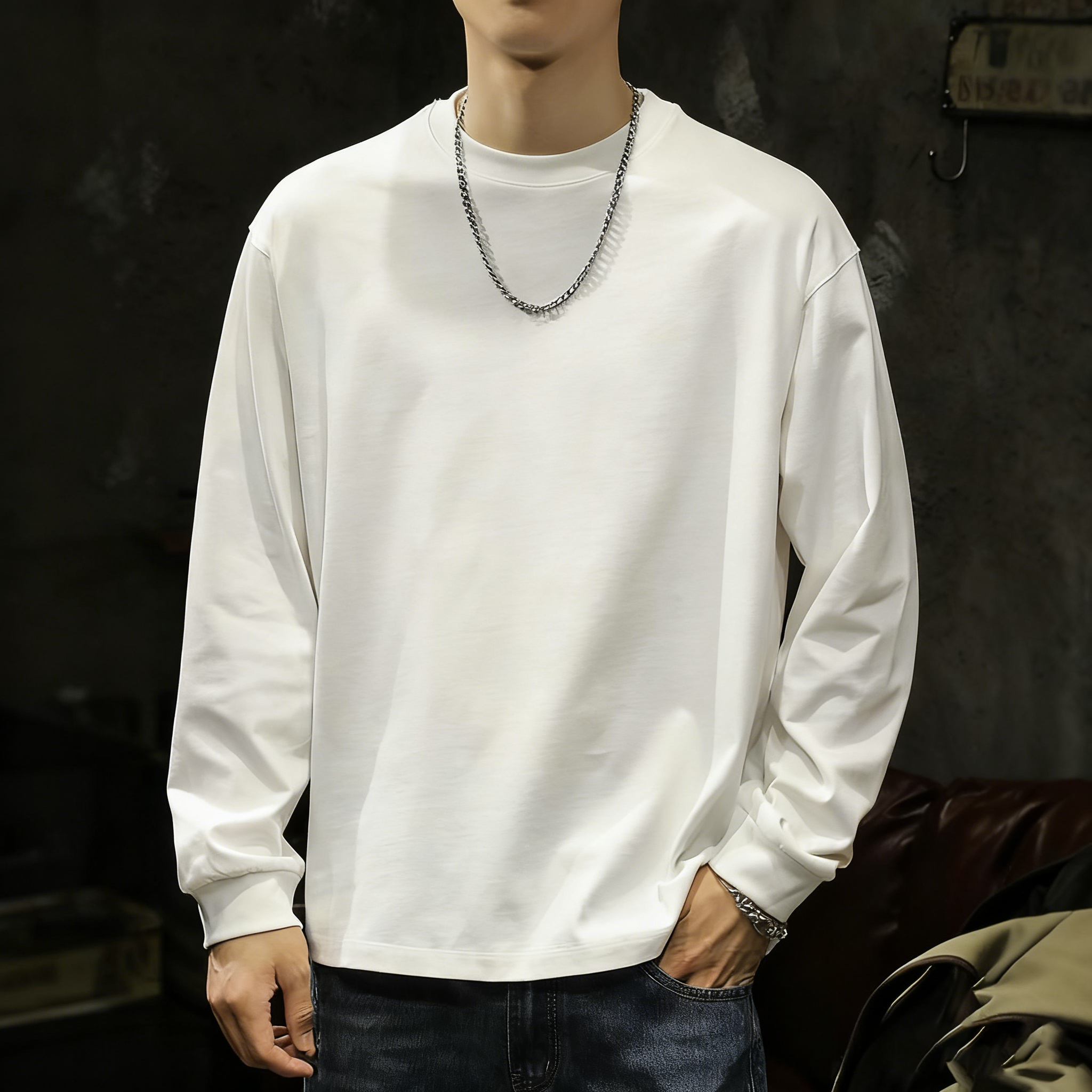 美式重磅白色长袖T恤男宽松