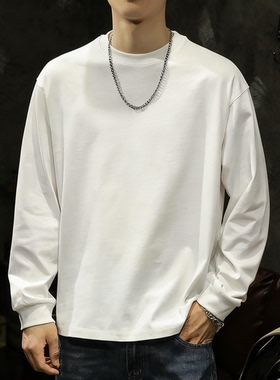 美式重磅白色长袖T恤男宽松圆领卫衣打底衫简约束口纯棉2025新款