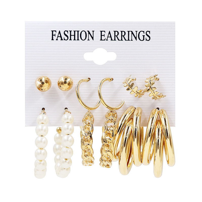 欧美夸张C形耳扣法式复古女士耳环套装6件套珍珠耳圈金属Earrings