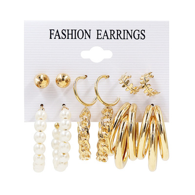 欧美夸张C形耳扣法式复古女士耳环套装6件套珍珠耳圈金属Earrings