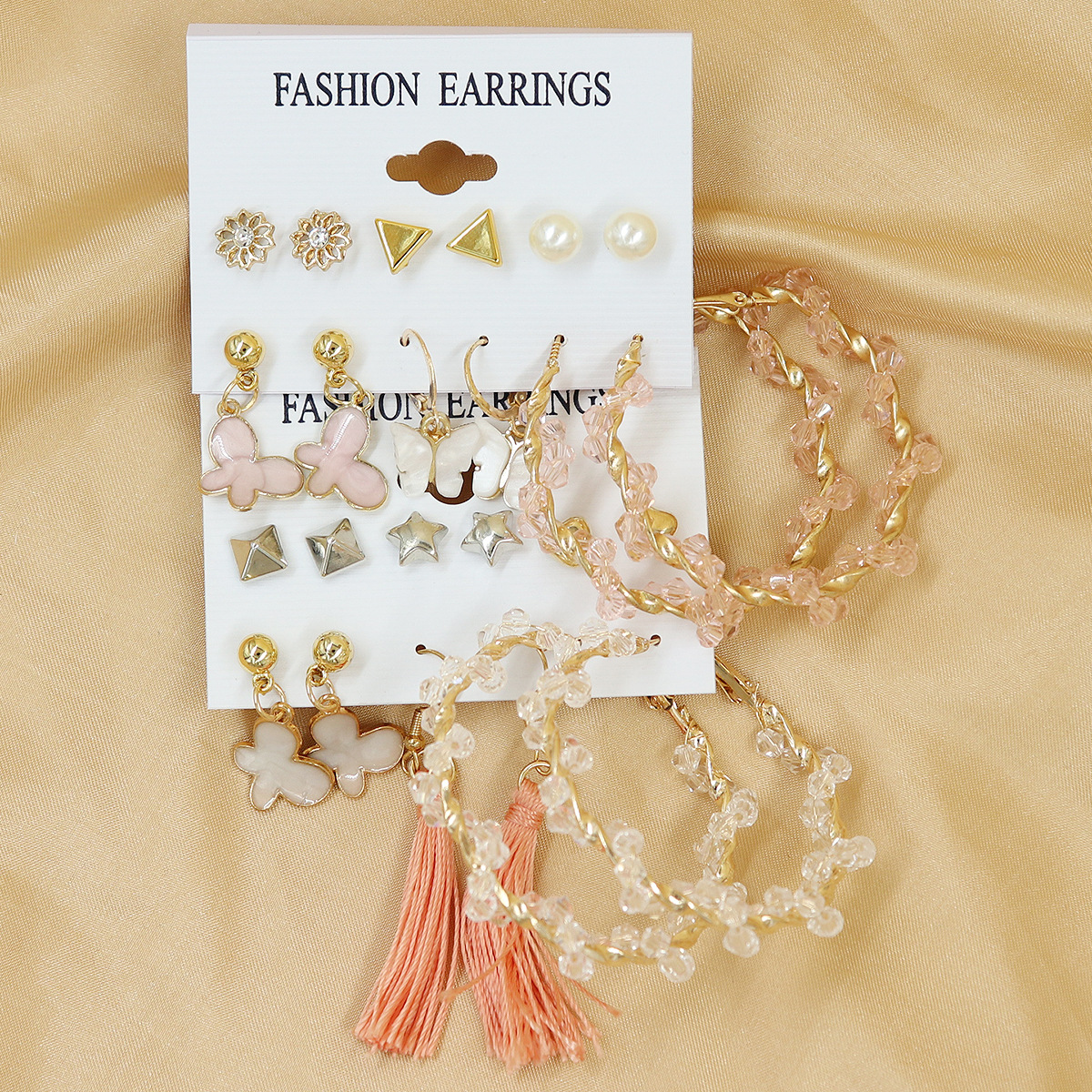 新款编织水晶耳环蝴蝶流苏耳钉6对组合套装金属耳饰earrings