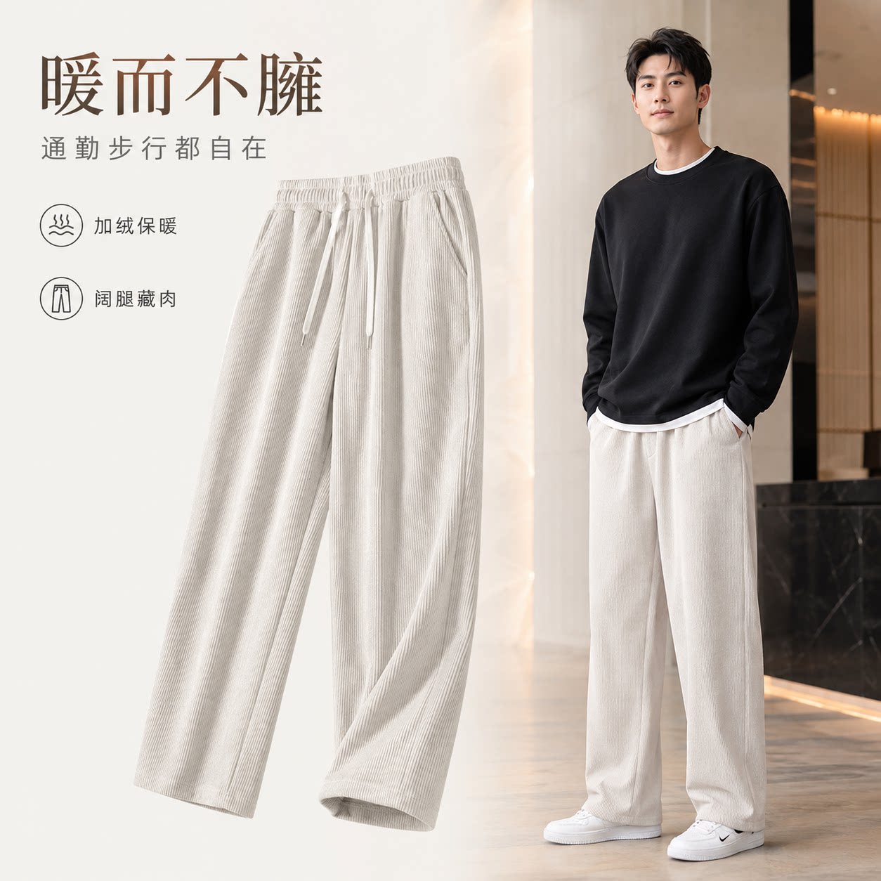 德国休闲裤灯芯绒直筒加绒加厚运动阔腿长裤裤子男秋冬季宽松
