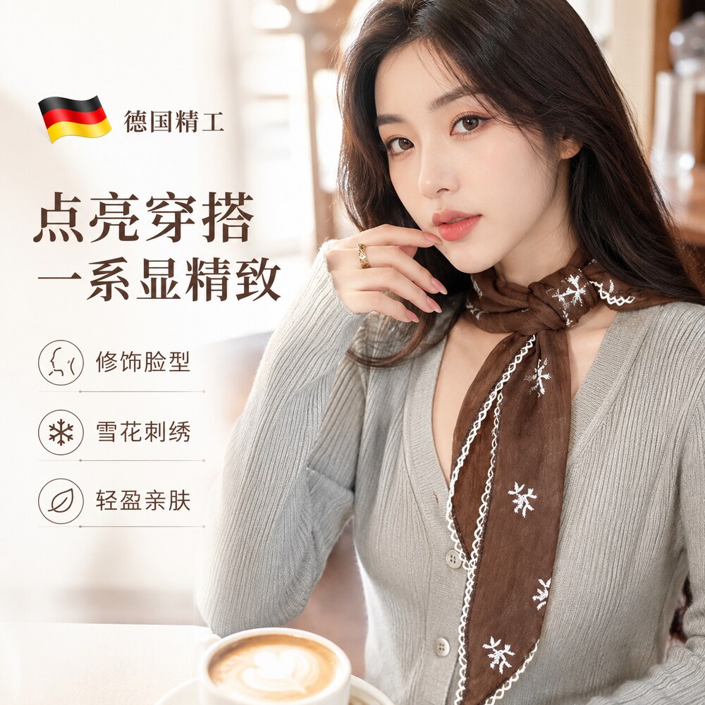 韩系咖色刺绣丝巾女款春