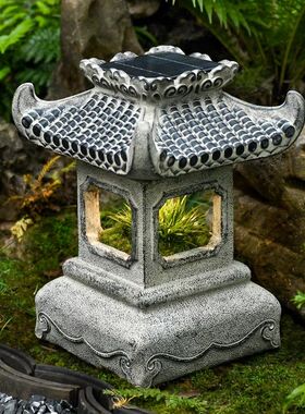 太阳能仿石灯笼庭院日式落地草坪灯布置中式灯塔仿石灯塔室外造景